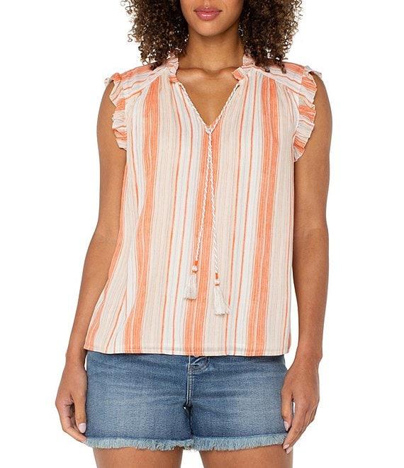 Liverpool Los Angeles Woven Stripe V-Neck Tassel Tie Ruffle Trim Blouse Product Image