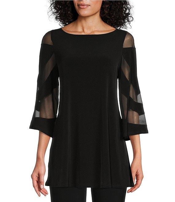 IC Collection Boat Neck 3/4 Mesh Inset Bell Sleeve Knit Top Product Image