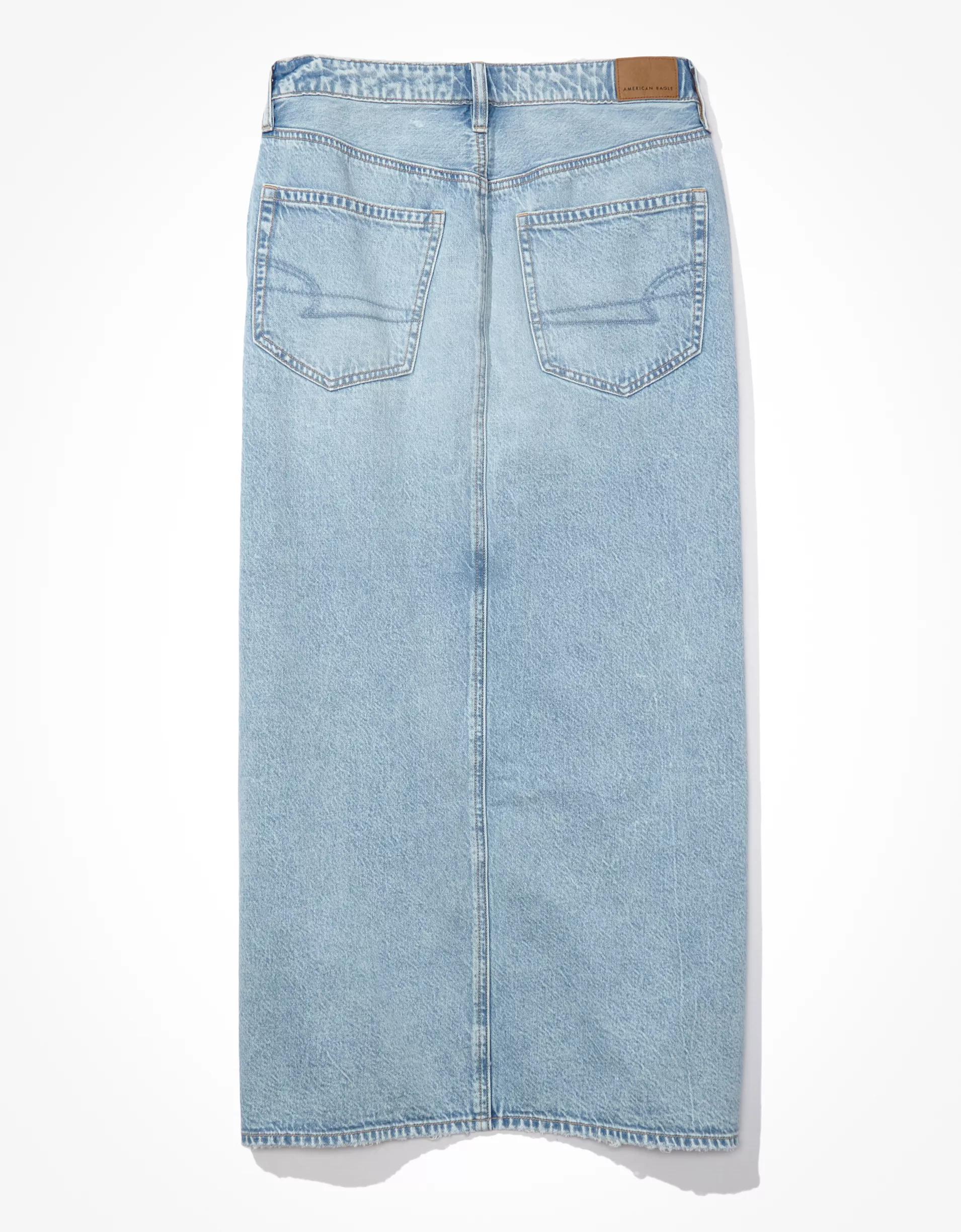 AE Dreamy Drape Low-Rise Denim Maxi Skirt Product Image