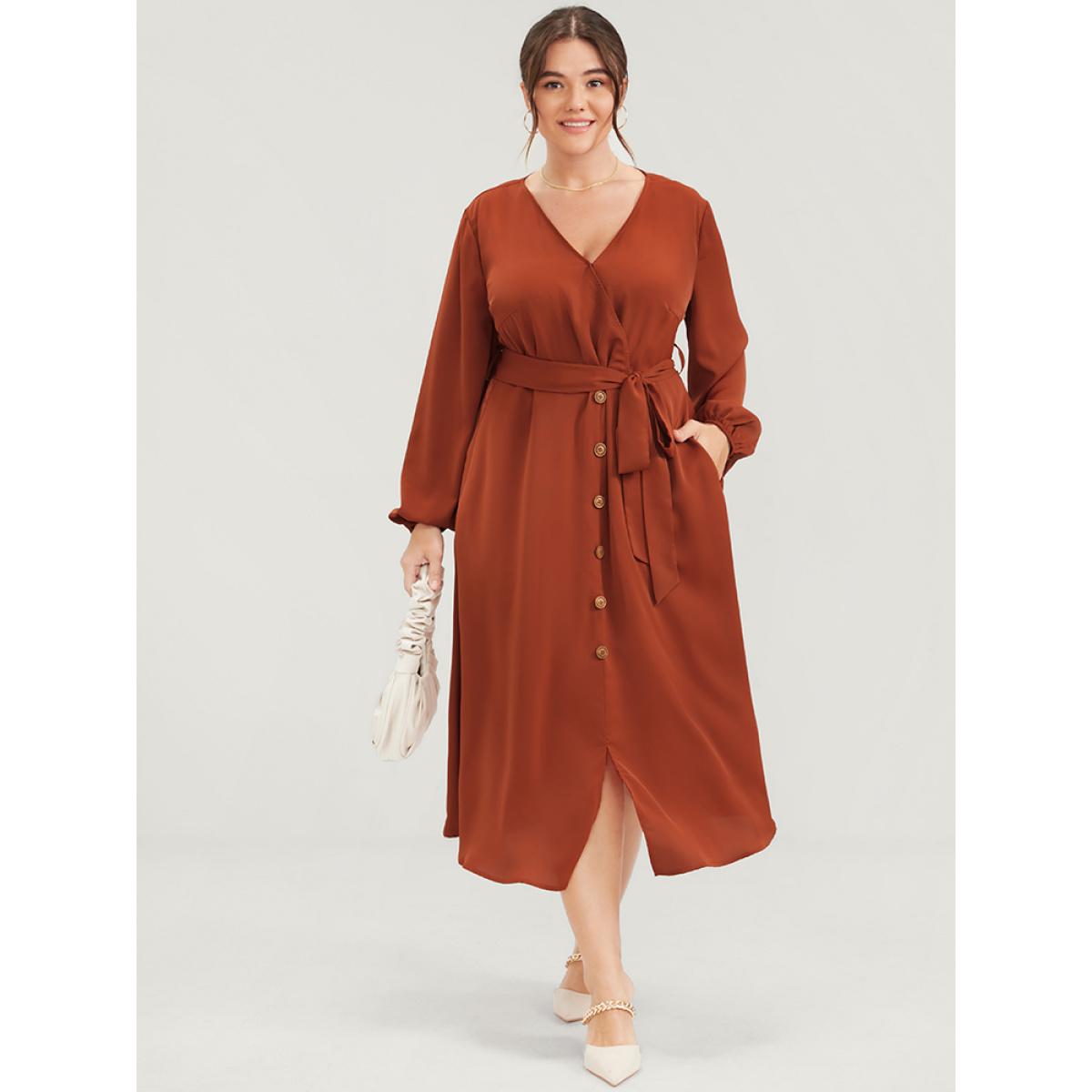 Plus Size Plain Lantern Sleeve Pocket Button Belted Split Front Wrap Dress Chocolate Women Office Button V-neck Long Sleeve Curvy Midi Dress BloomChic 26/4X Product Image