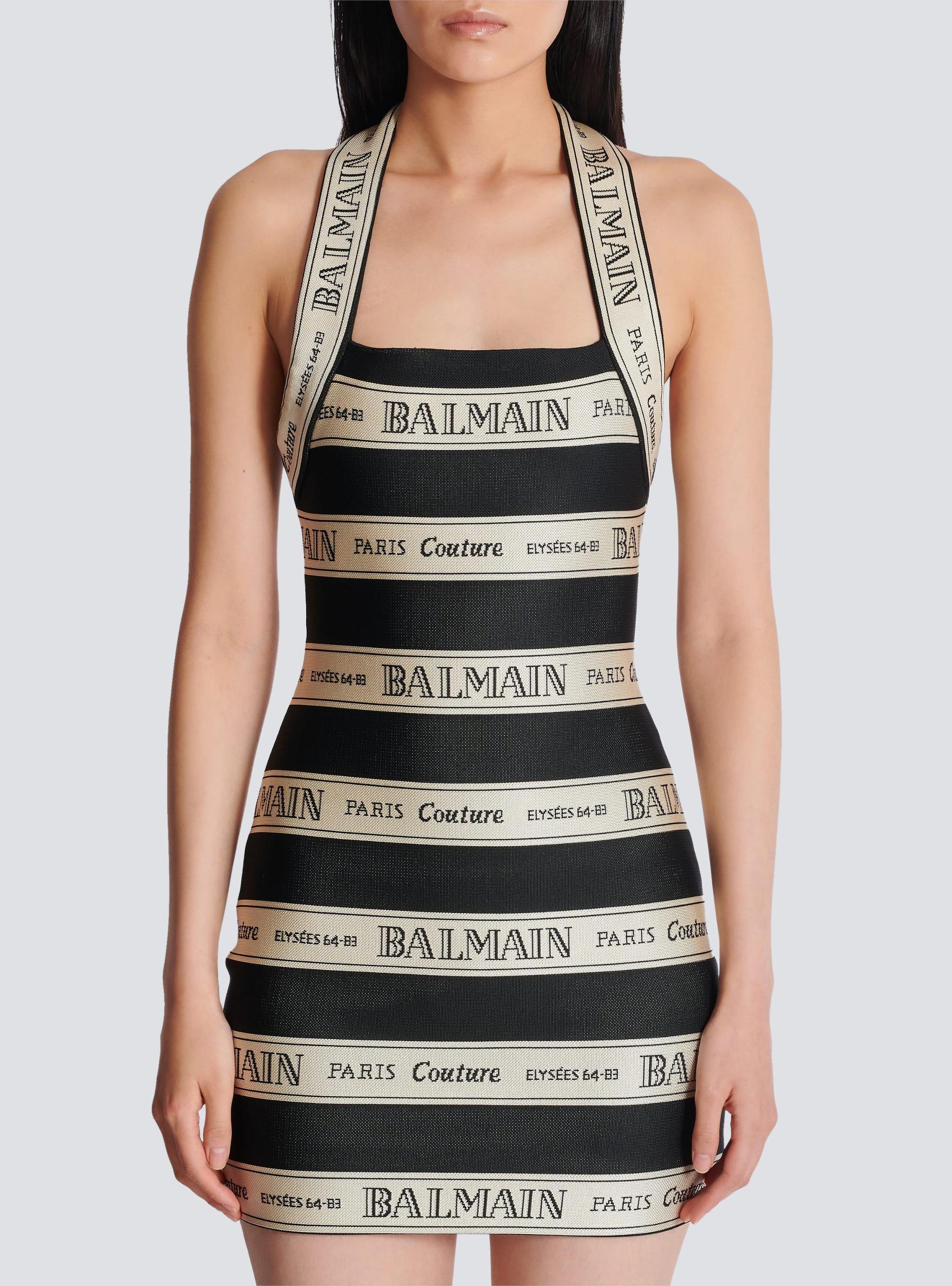 Jacquard halterneck dress with Balmain ribbon motif Product Image