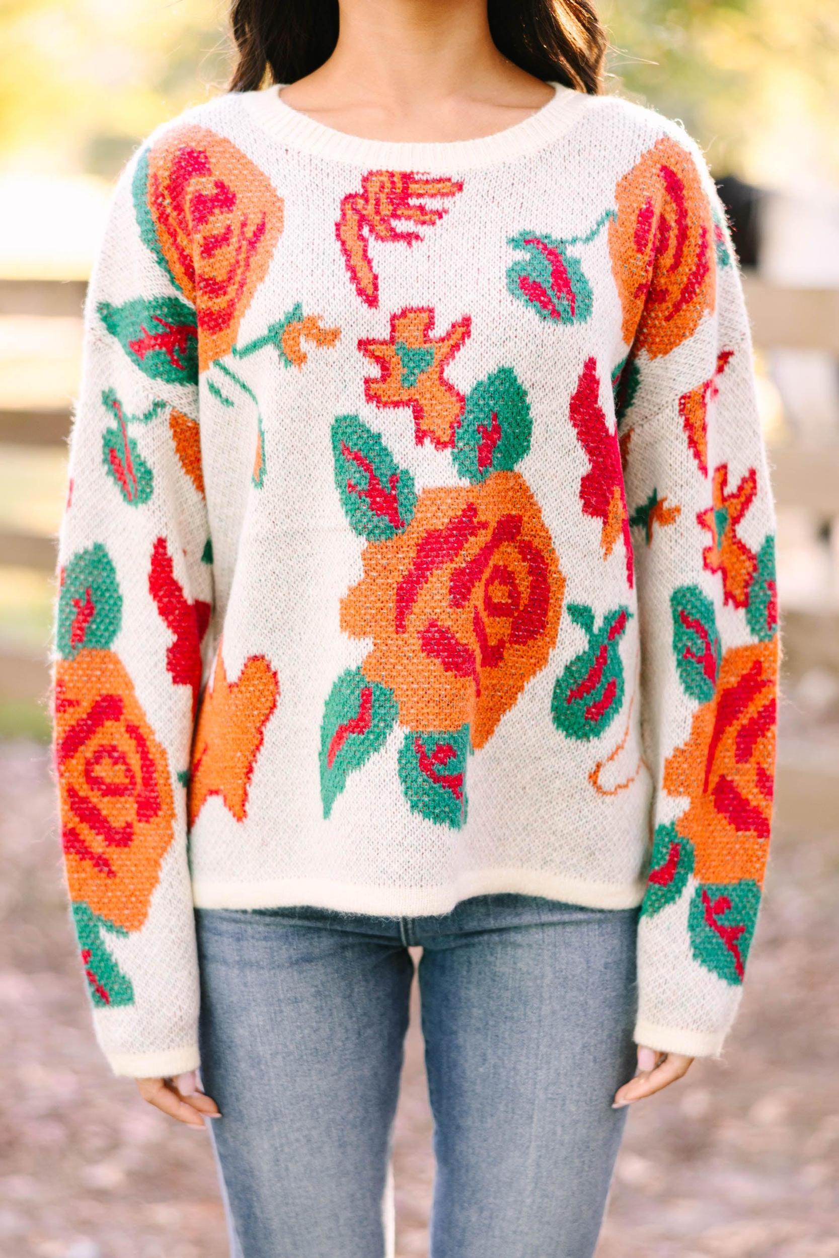 Feeling Fun Cream White Floral Sweater Female Product Image