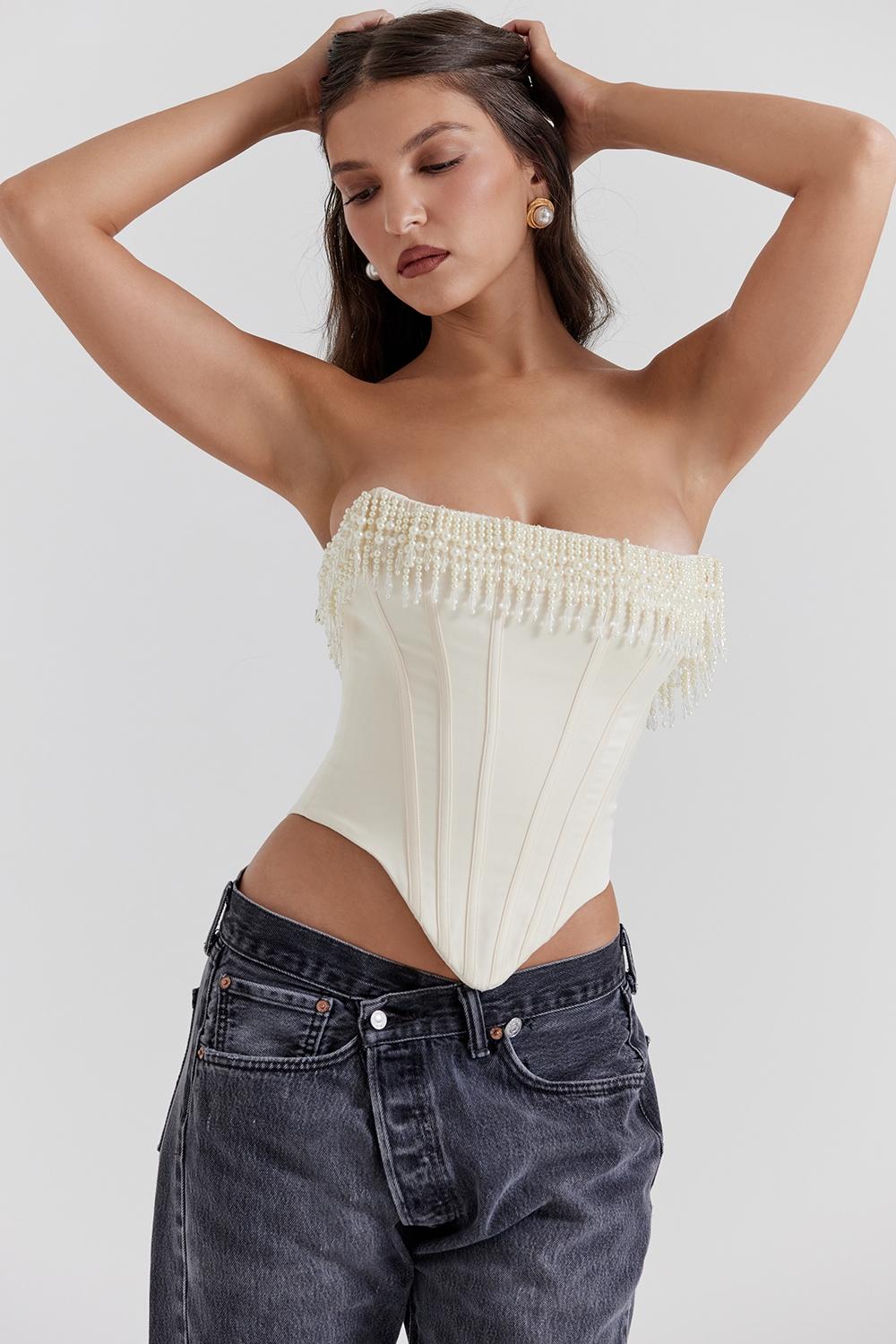 Aubrie  vintage cream embellished satin corset Product Image