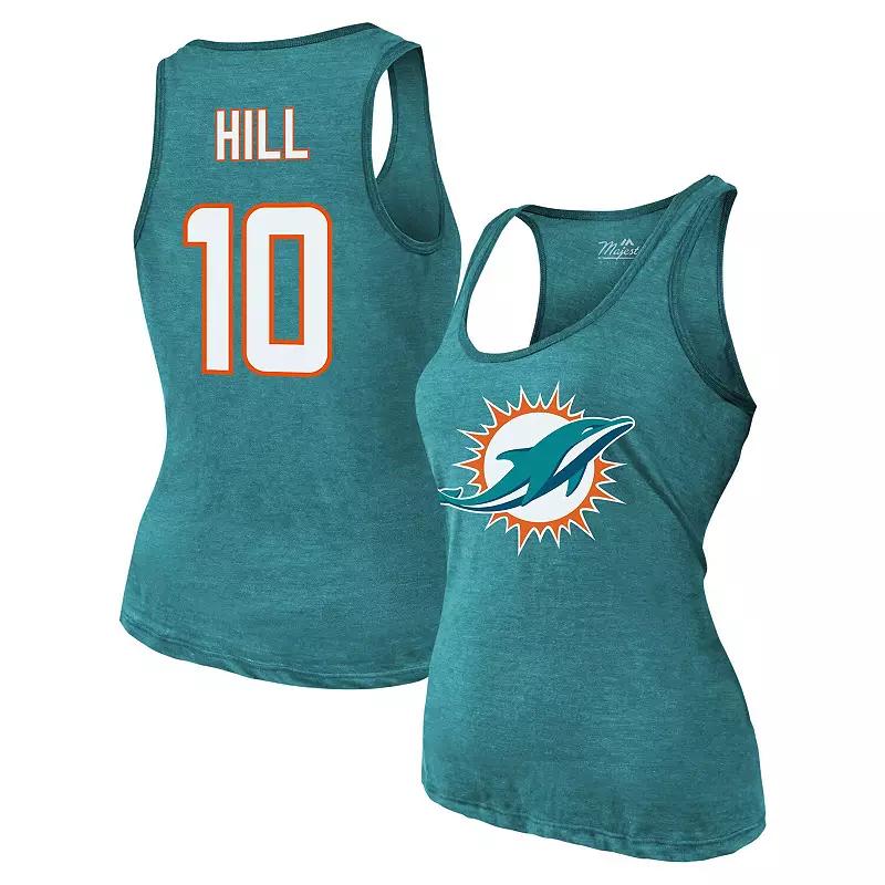 Women's Majestic Threads Tyreek Hill Aqua Miami Dolphins Name & Number Tri-Blend Tank Top,  Product Image