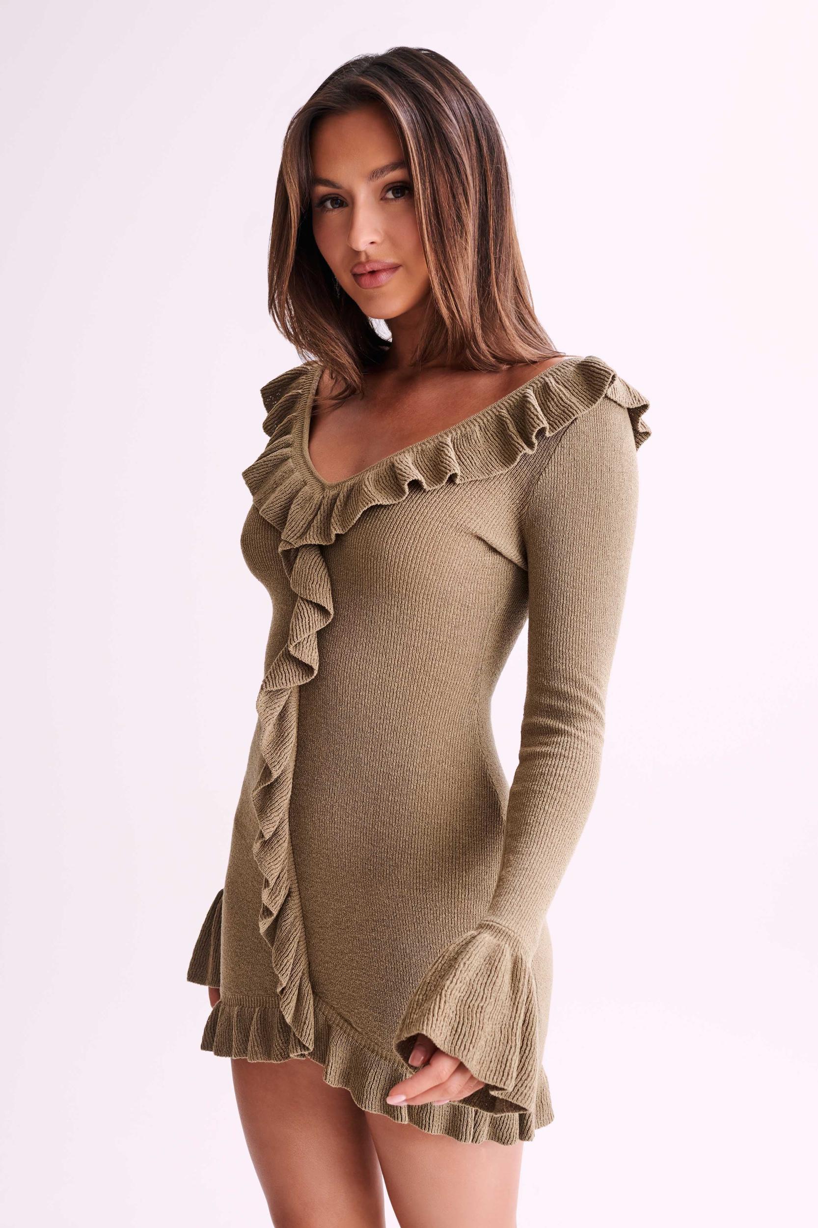 Karolina Knit Mini Dress With Frill - Olive Product Image