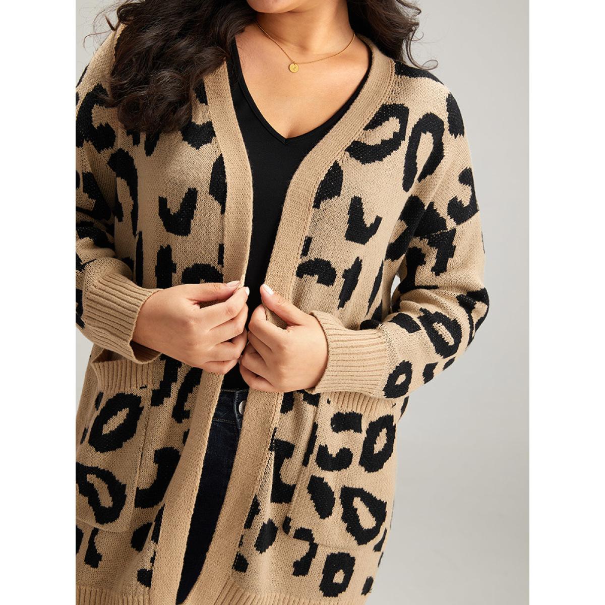 Plus Size Leopard Elastic Cuffs Drop Shoulder Cardigan Leopard Women Casual Loose Long Sleeve Everyday Cardigans BloomChic 22-24/3X Product Image