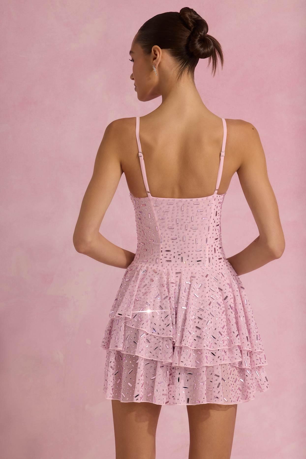 Embellished Ruffled Tiered Mini Dress in Pink Product Image