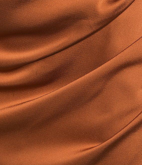 Gianni Bini Peyton Ruched Satin Cowl Halter Neck Sleeveless Open Back Detail Asymmetrical Hem Mini Sheath Dress Product Image