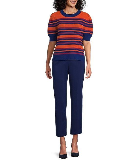 Investments Petite Size Burnt Ochre Stripe Novelty Short Sleeve Crew Neck Sweater Top Product Image