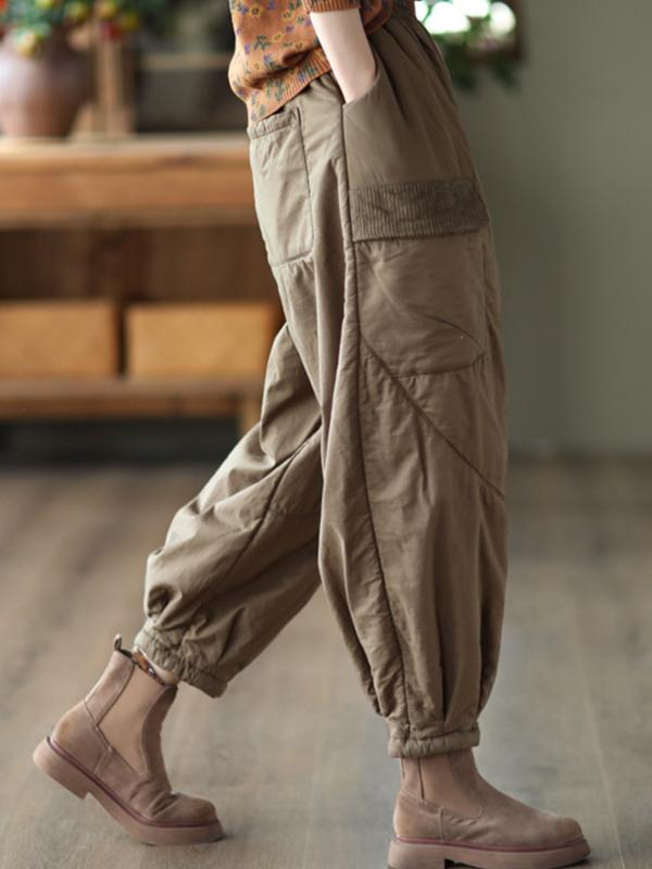 Vintage Loose Split-Joint Solid Color Elastic Waist Padded Harem Pants Product Image