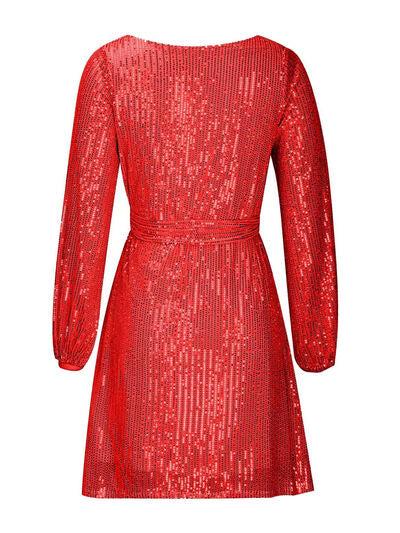 Sequin Tie Waist Long Sleeve Mini Dress Product Image