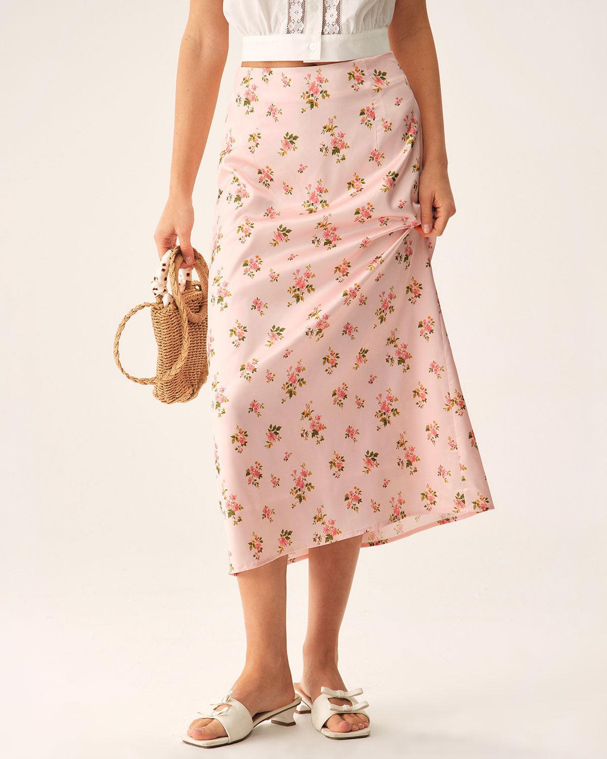 Pink Floral Satin Straight Midi Skirt Product Image