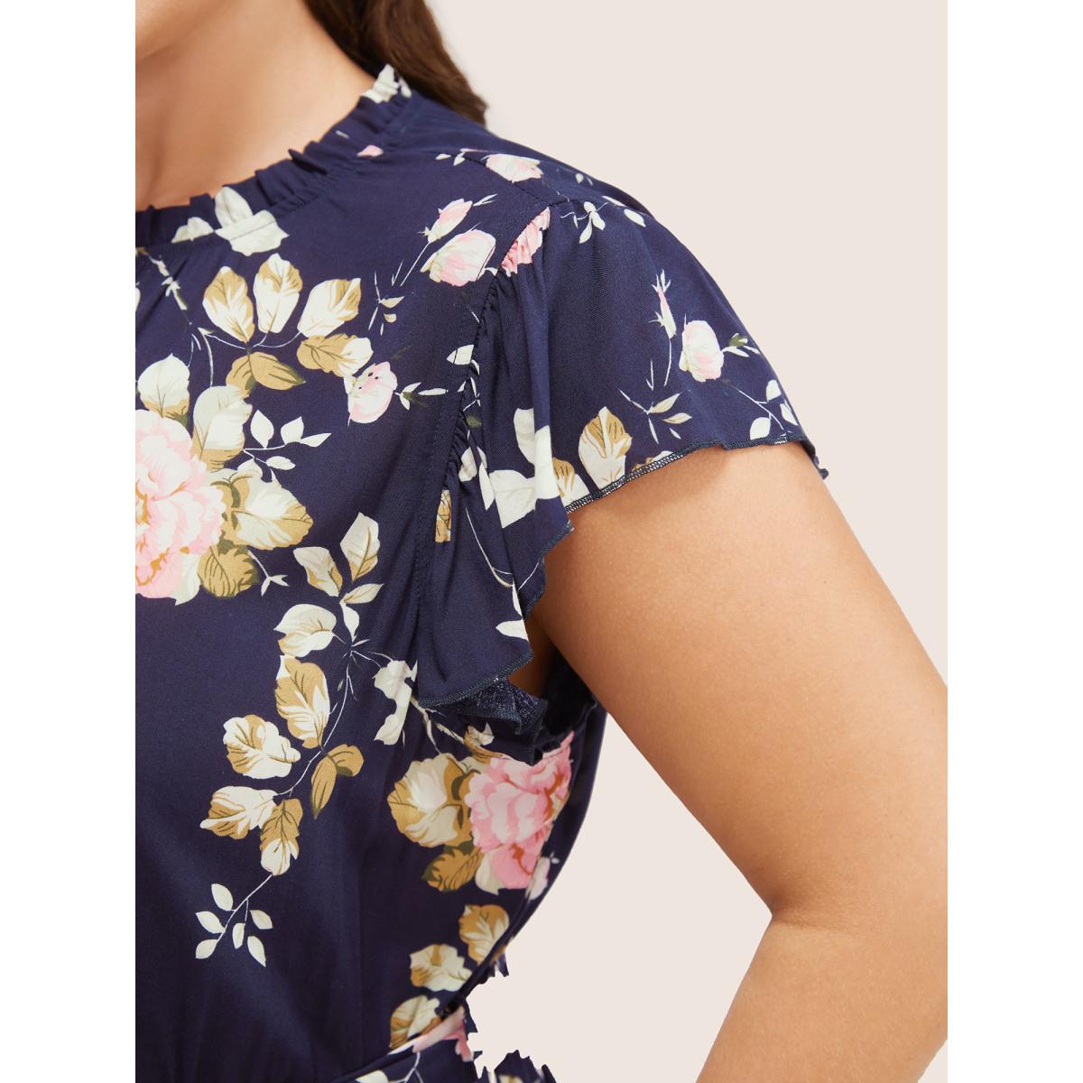 Plus Size Floral Frill Trim Mock Neck Pocket Ruffle Belted Cap Sleeve Dress DarkBlue Women Romantic Non Round Neck Short sleeve Curvy Midi Dress BloomChic 12/L Product Image