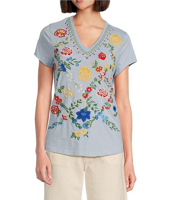 Reba Arizona Jersey Knit V-Neck Short Sleeve Embroidered Shirt Product Image