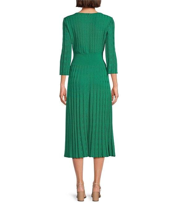 Ming Wang Pointelle Tonal Knit Square Neck 3/4 Sleeve Fit-And-Flare Midi Dress Product Image
