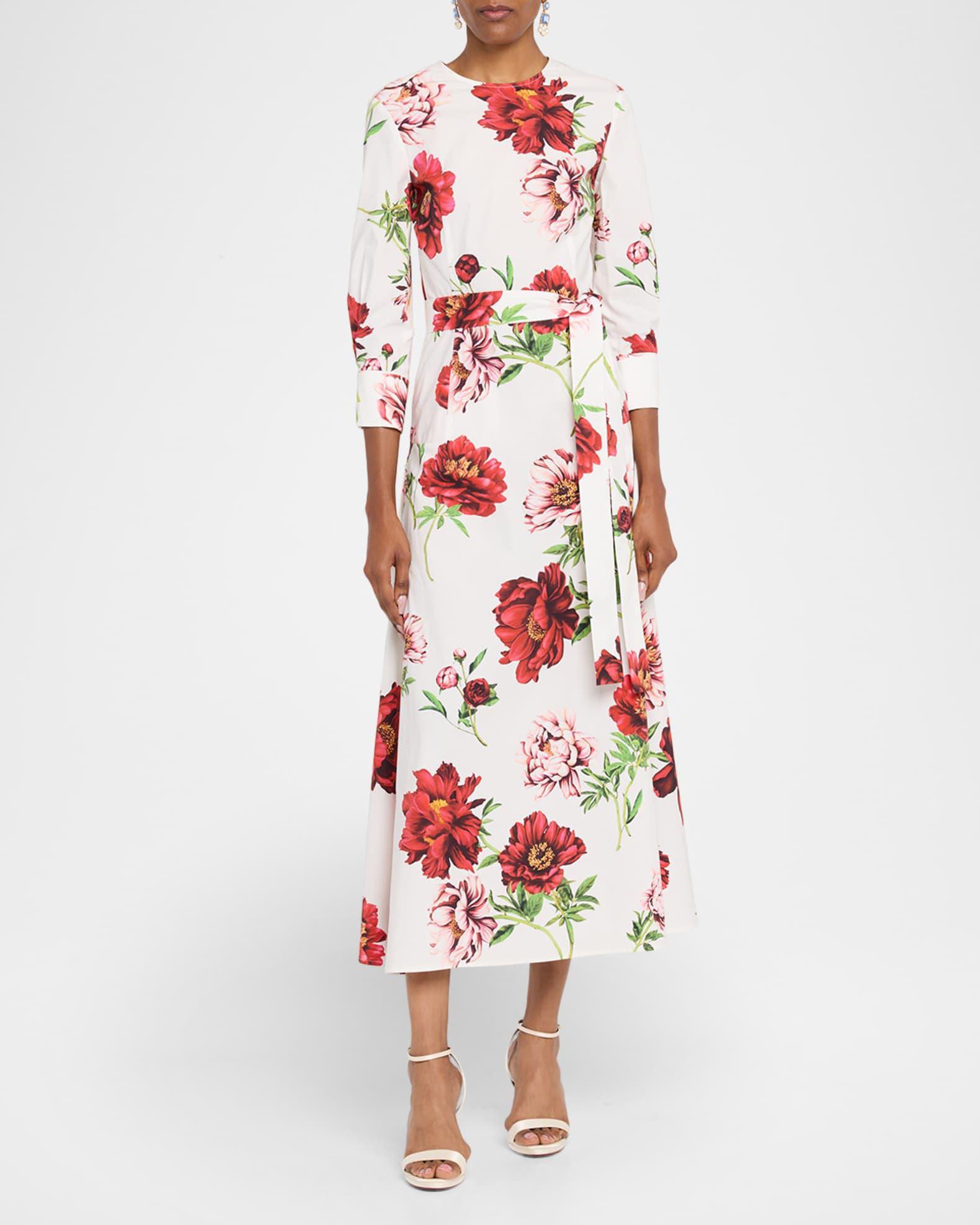Peony-Print Poplin 3/4-Sleeve Midi Day Dress Product Image