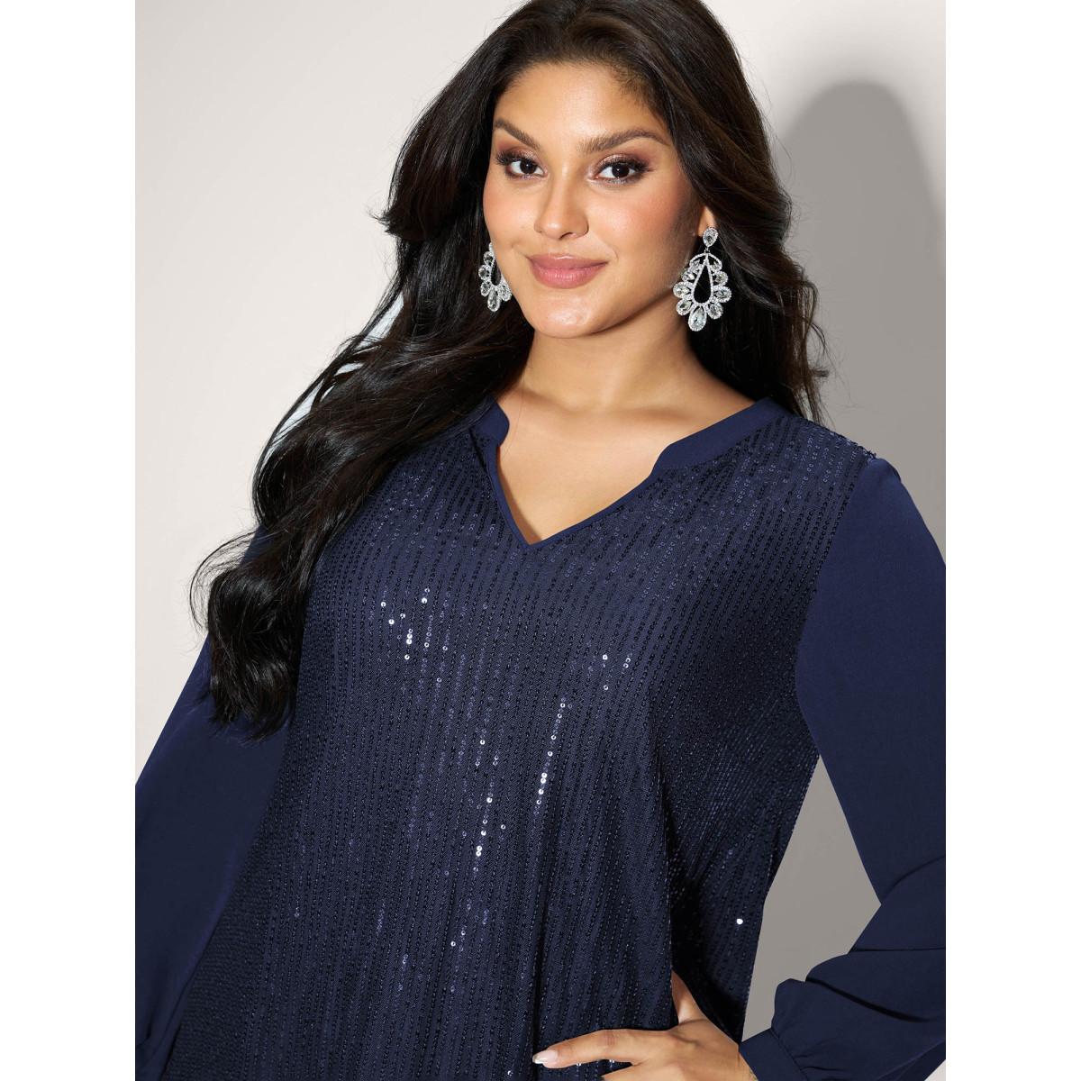 Plus Size DarkBlue Shimmery Sequin Notched Collar Blouse Women Party&Cocktail Extra Long Sleeve Flat collar with V-notch Party Blouses BloomChic 22-24/3X Product Image