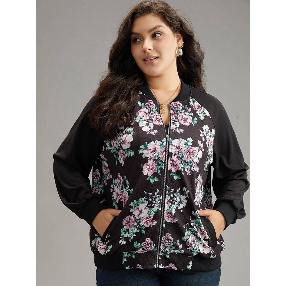 Plus Size Floral Patchwork Zipper Pocket Jacket Women BlackFlower Elastic cuffs Pocket Everyday Jackets BloomChic 10/M Product Image