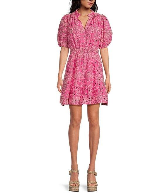 Sugarlips Rosie Eyelet Floral Split V-Neck Short Sleeve Mini A-Line Dress Product Image