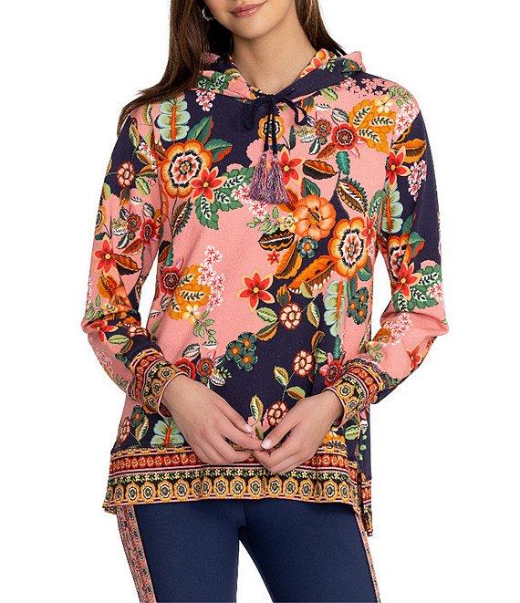 JOHNNY WAS Floral Print Cotton Stretch Knit Long Sleeve Tassel Detail Hoodie Product Image