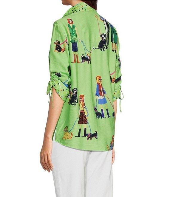 John Mark Novelty Dog Print Wire Collar Cinch Tie Sleeve Button Front Blouse Product Image