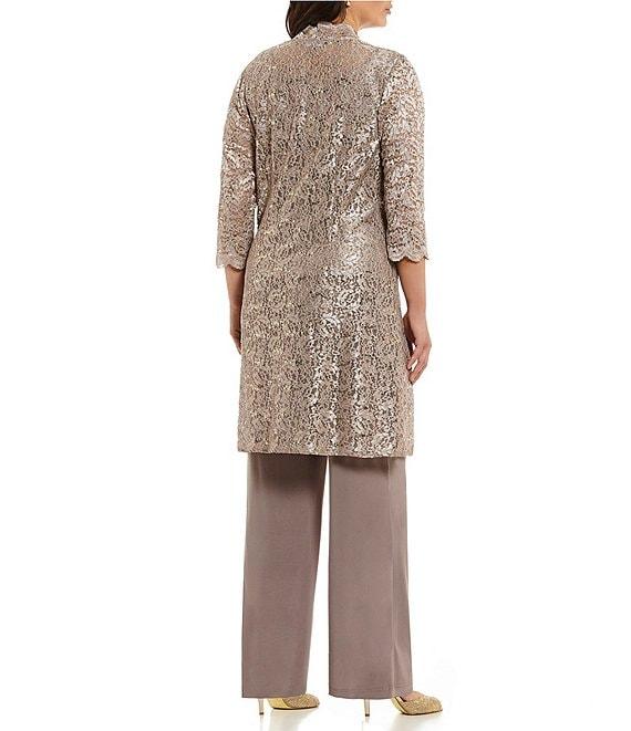R & M Richards Plus Size Scoop Neck 3/4 Sleeve Scallop Glitter Lace Duster 3-Piece Pant Set Product Image