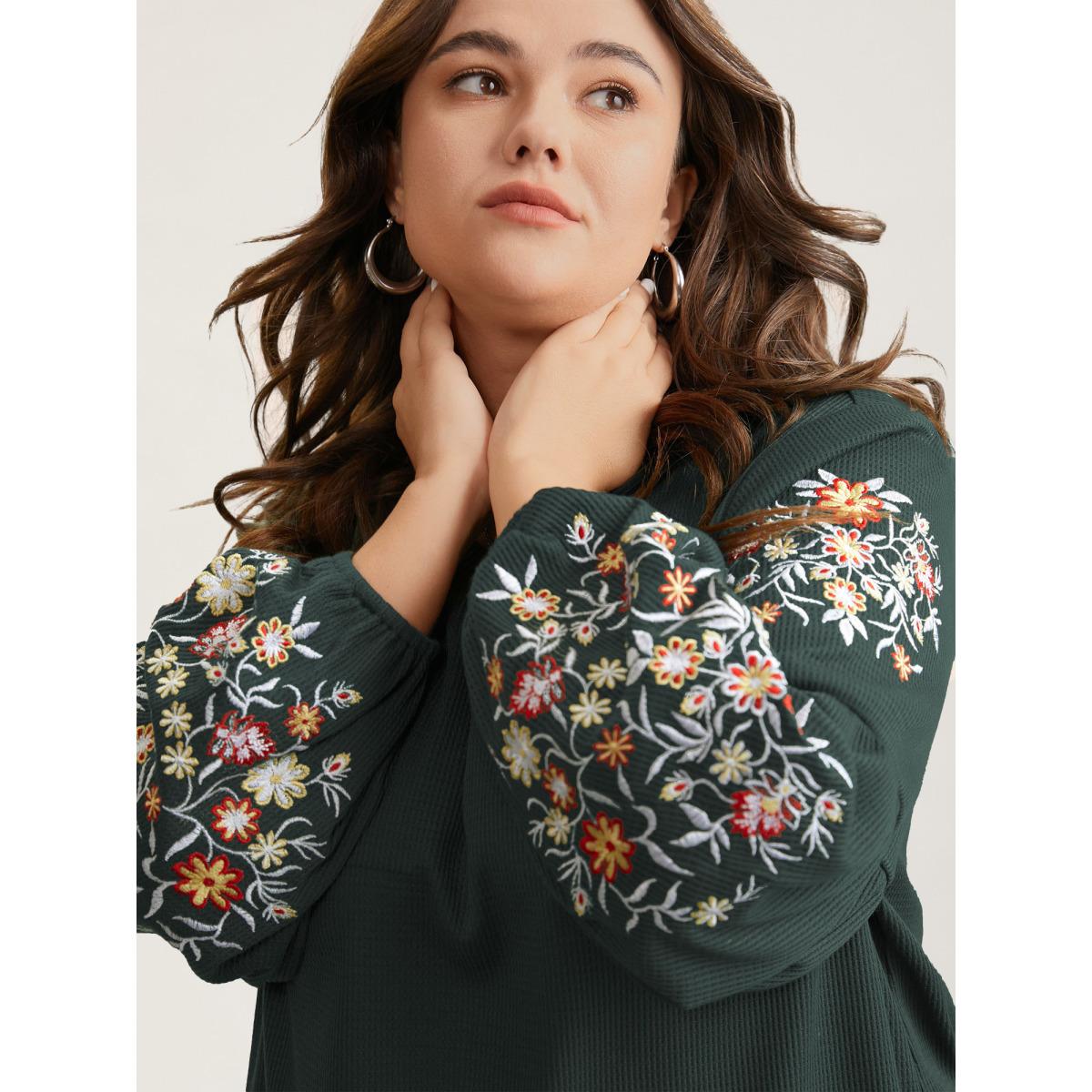 Plus Size Waffle Knit Floral Embroidered Lantern Sleeve T-shirt DarkGreen Women Leisure Texture Floral Round Neck Casual T-shirts BloomChic 10/M Product Image