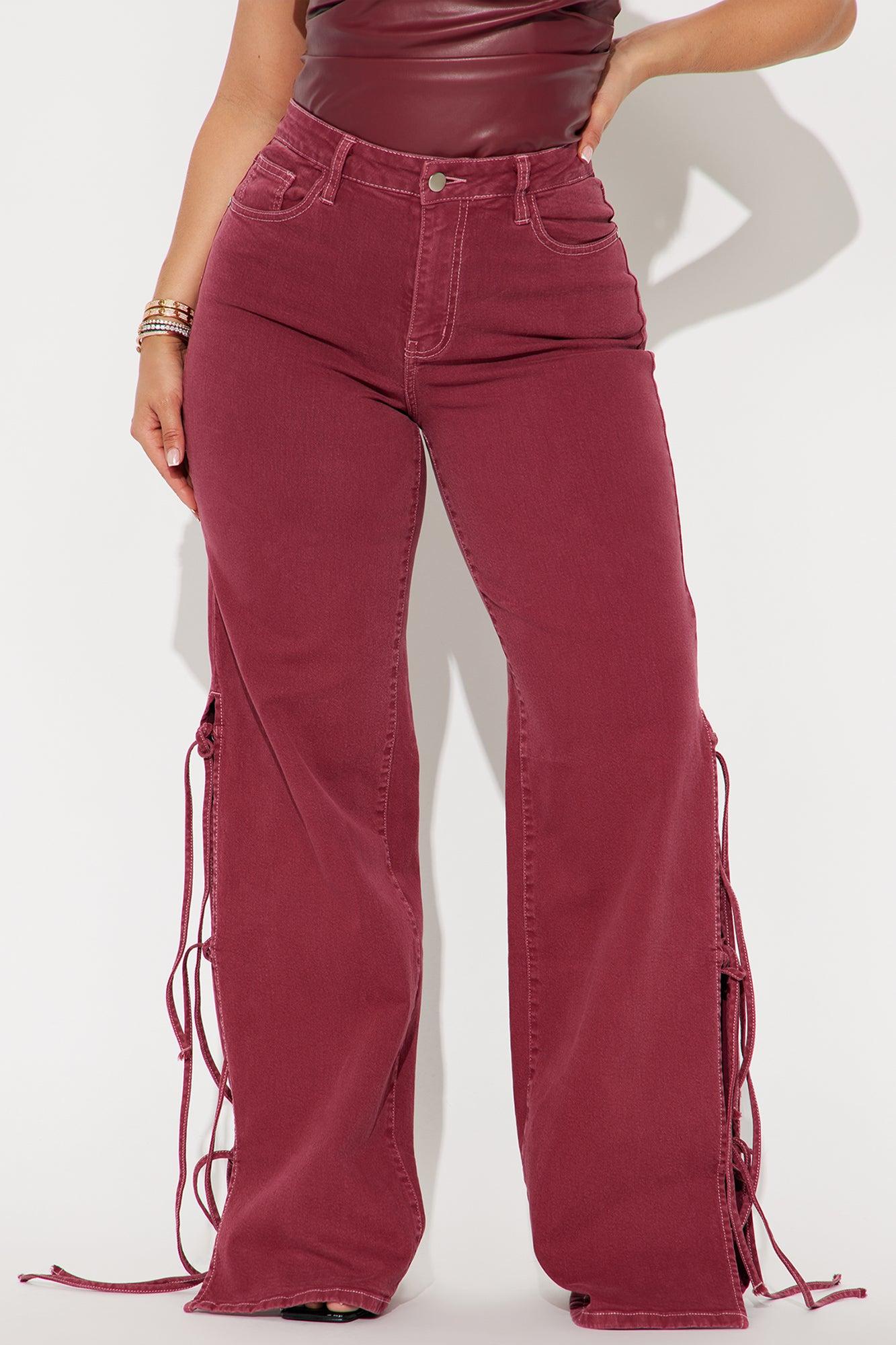 Fine Like Wine Side Tie Wide Leg Jeans - Burgundy Product Image