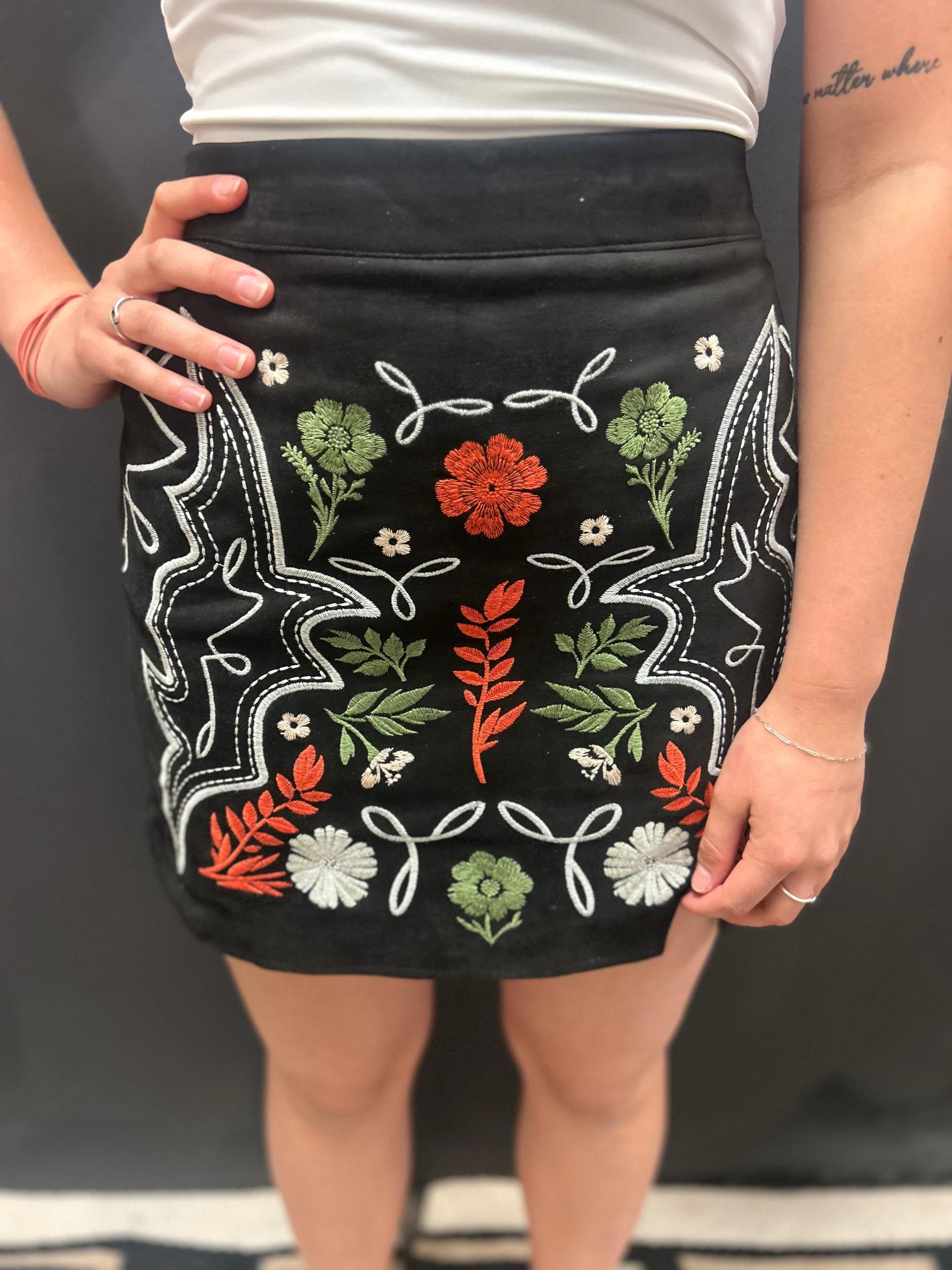 Black Suede Aztec Floral Embroidered Front Slit Skirt* Product Image