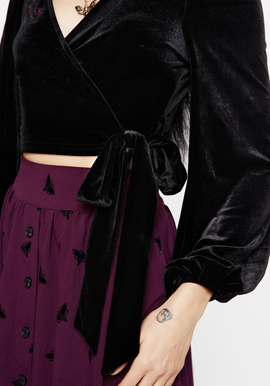 Styx Moth Embroidered Velour Wrap Top Product Image