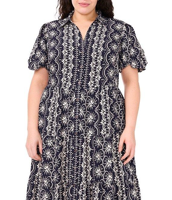 CeCe Plus Size Woven Printed Collared Short Puff Sleeve Button Front Tiered Midi Dress Product Image