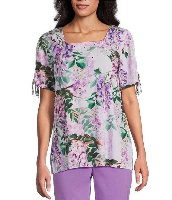 Allison Daley Embellished Floral Print Short Ruched Tie Sleeve Square Neck Knit Top Product Image
