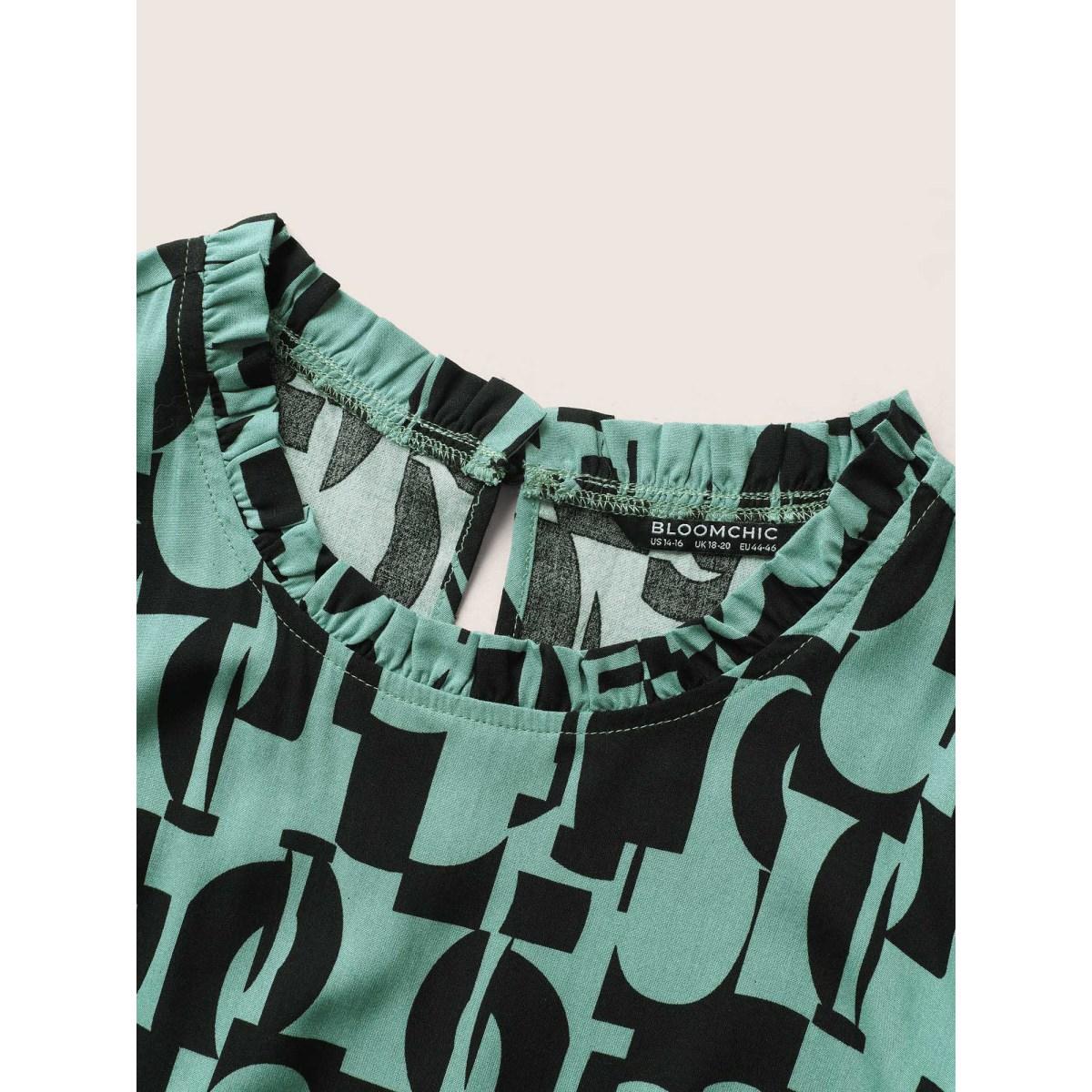 Plus Size Geometric Mock Neck Ruffles Trim Belted Dress Emerald Women At the Office Belted Mock Neck Cap Sleeve Curvy BloomChic 18-20/2X Product Image