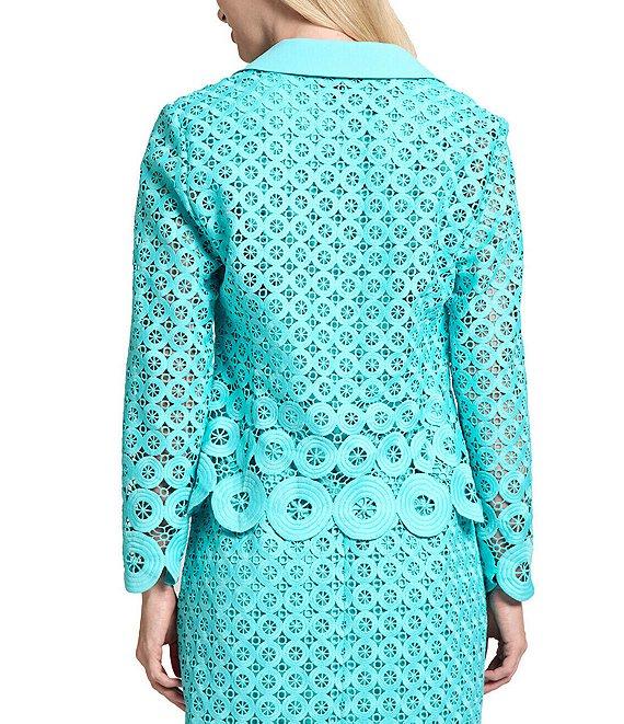 Ming Wang Eyelet Lace Cutout Notch Lapel V-Neck Long Sleeve Jacket Product Image