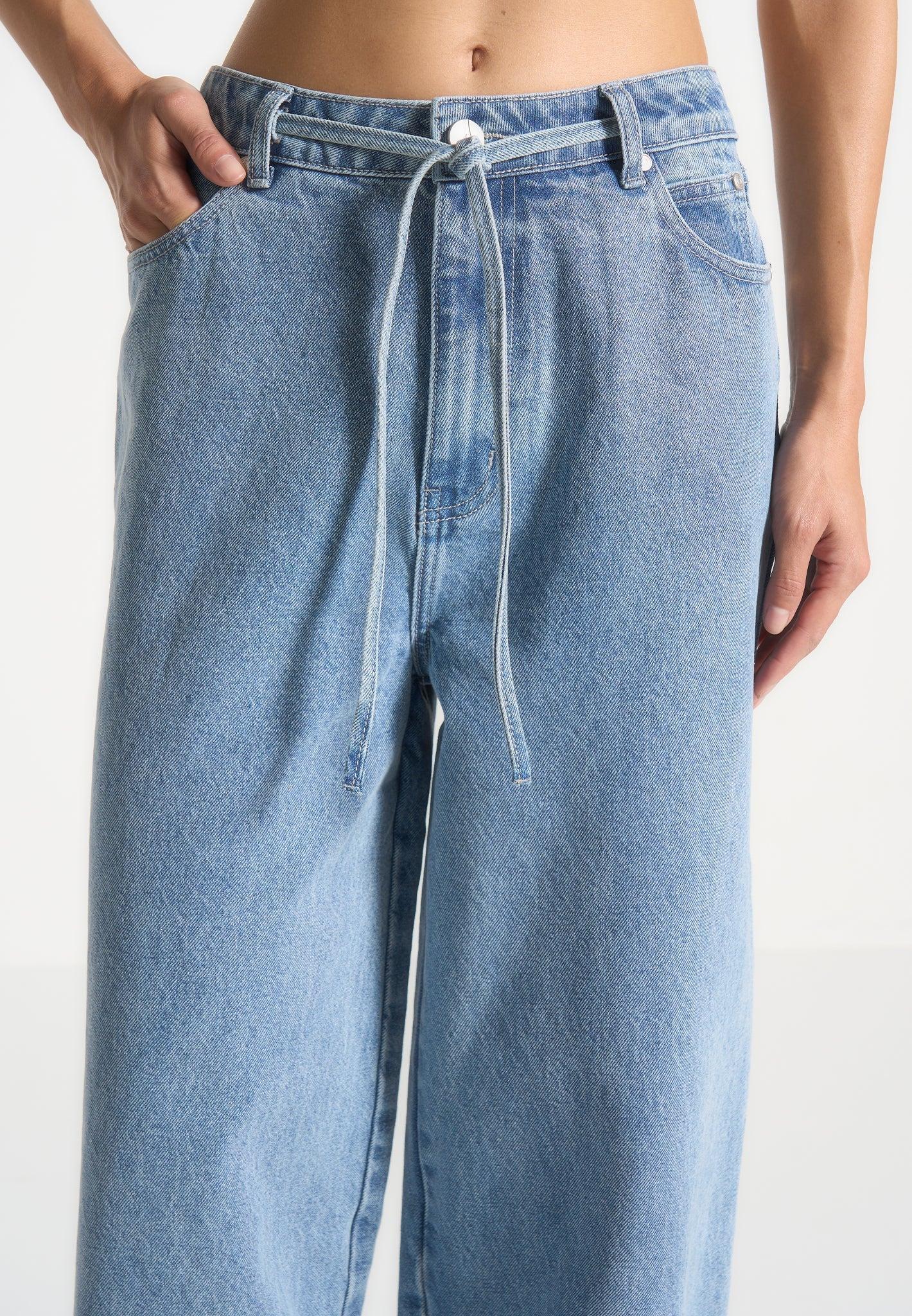 Faye - Wide Mid Rise Jeans with Tie Waist - Mid Blue Female Product Image