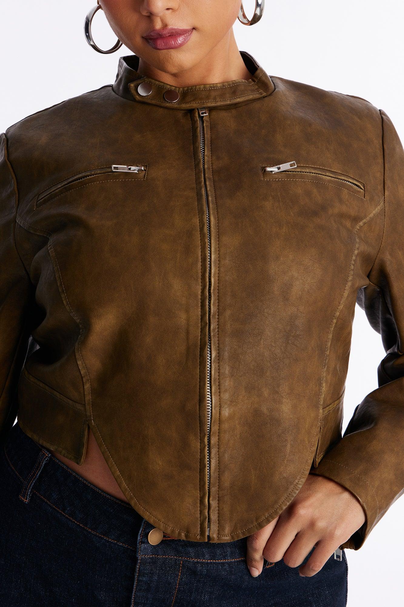 Ines Washed Faux Leather Jacket - Olive Female Product Image