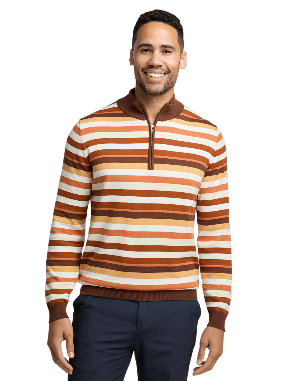Cotton Quarter Zip Mock Neck Sweater - Brown Multi Product Image