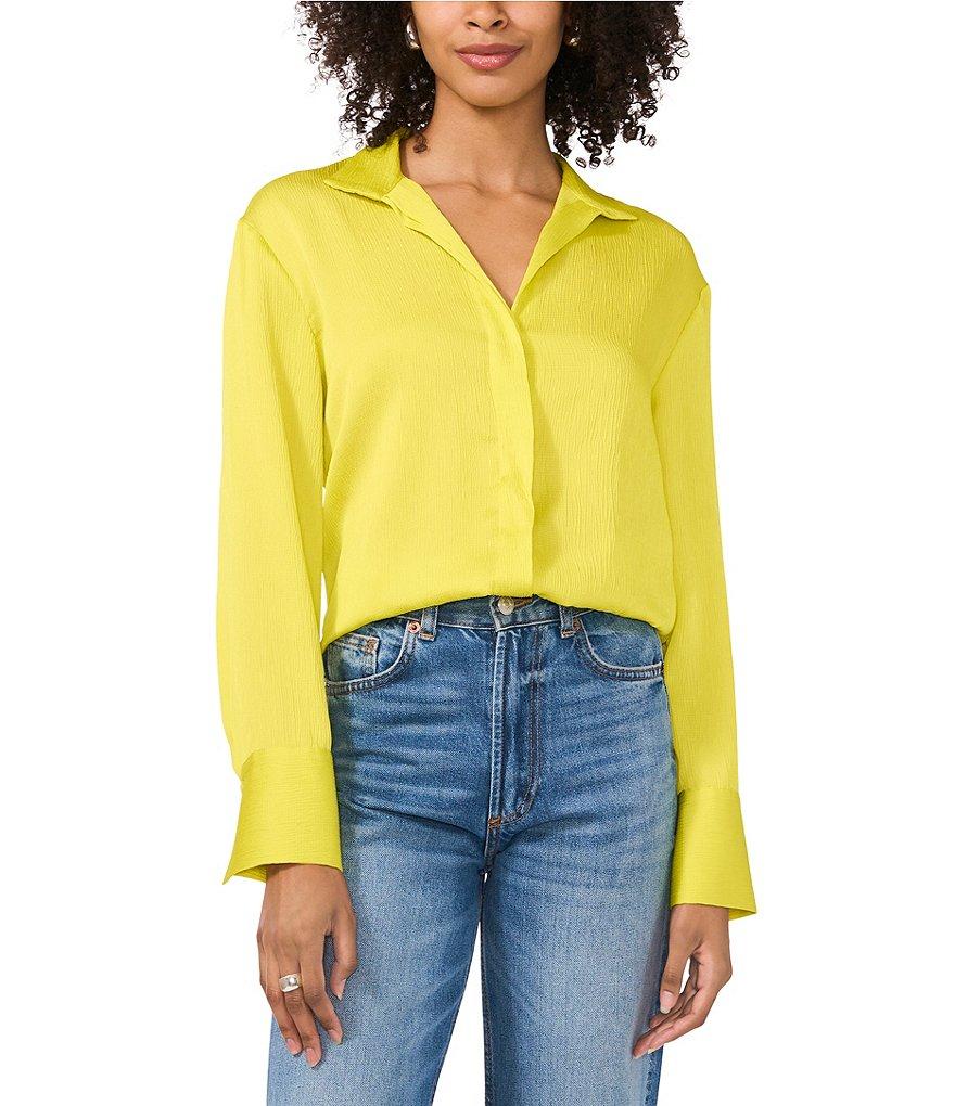 Vince Camuto Satin Point Collar Long Sleeve Covered Button Front Blouse Product Image