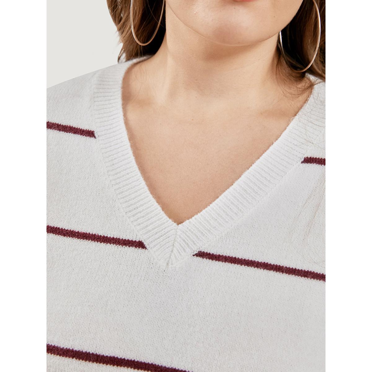 Plus Size Striped Contrast Super Soft Plush Knit V Neck Knit Top Ivory Women Casual Loose Long Sleeve V-neck Dailywear Pullovers BloomChic 28/5X Product Image