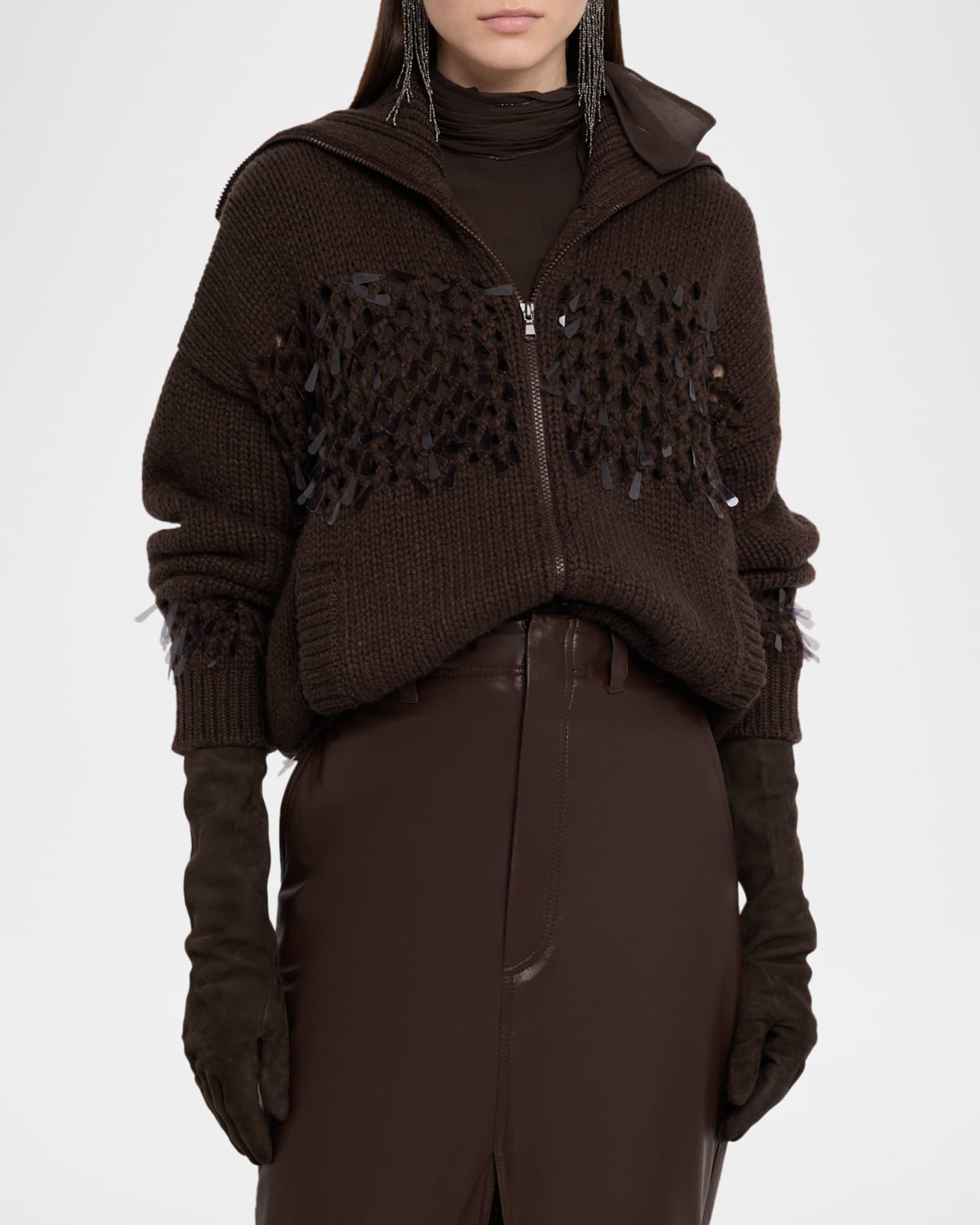 Sequined Net Stitch Cashmere Zip Cardigan Product Image