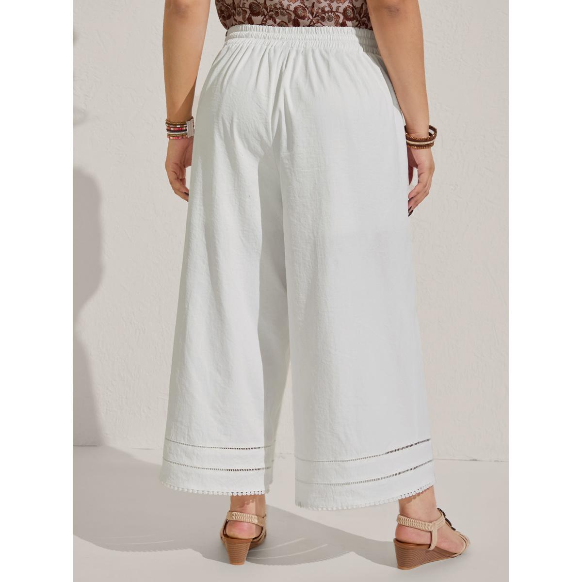 Plus Size Lace Trim Wide-Leg Tie Pants Women WhiteSmoke Boho Wide Leg Mid Rise Vacation Pants BloomChic 14-16/1X Product Image