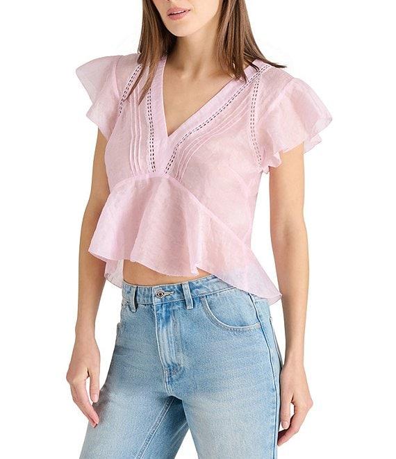 Steve Madden Leyla V Neck Short Flutter Sleeve Jacquard Peplum Top Product Image