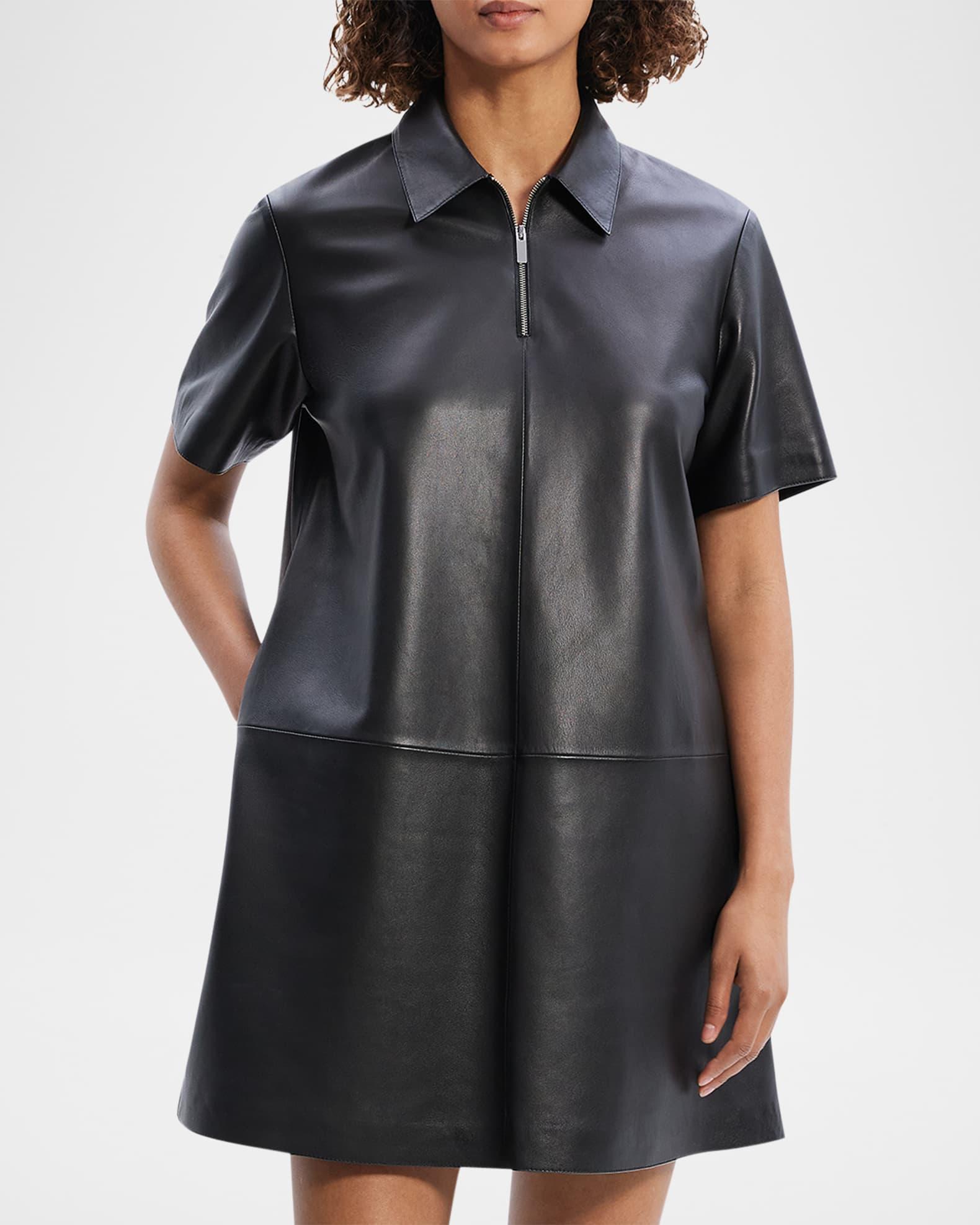 Short-Sleeve Half-Zip Nappa Leather Mini Dress Product Image
