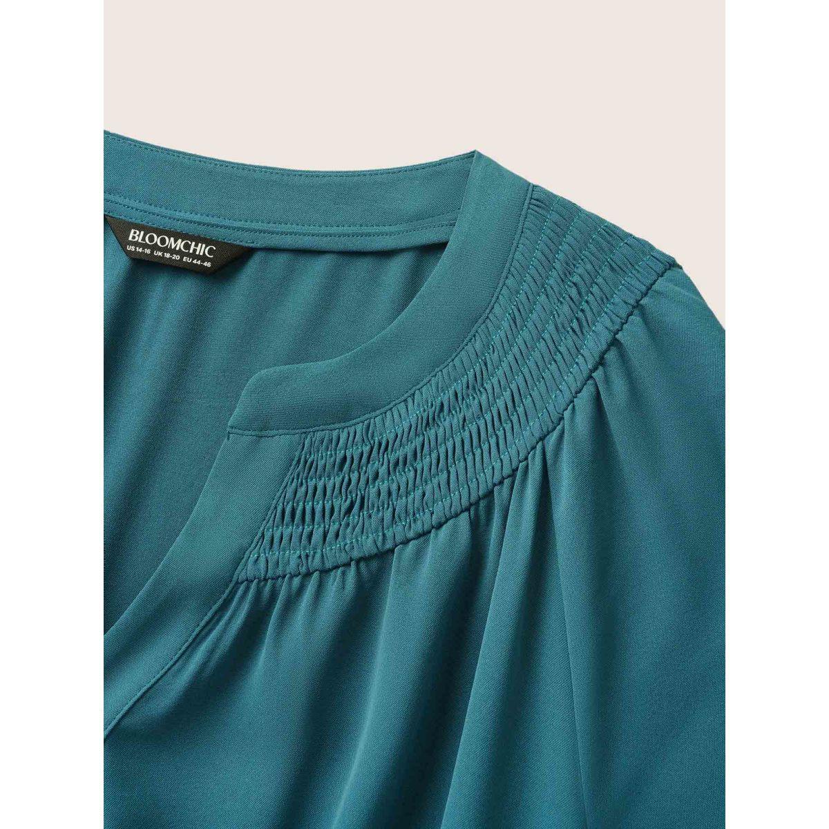 Plus Size Shirred Notched Button Up Belted Dress Aegean Women Elegant Gathered Flat collar with V-notch Short sleeve Curvy BloomChic 26/4X Product Image