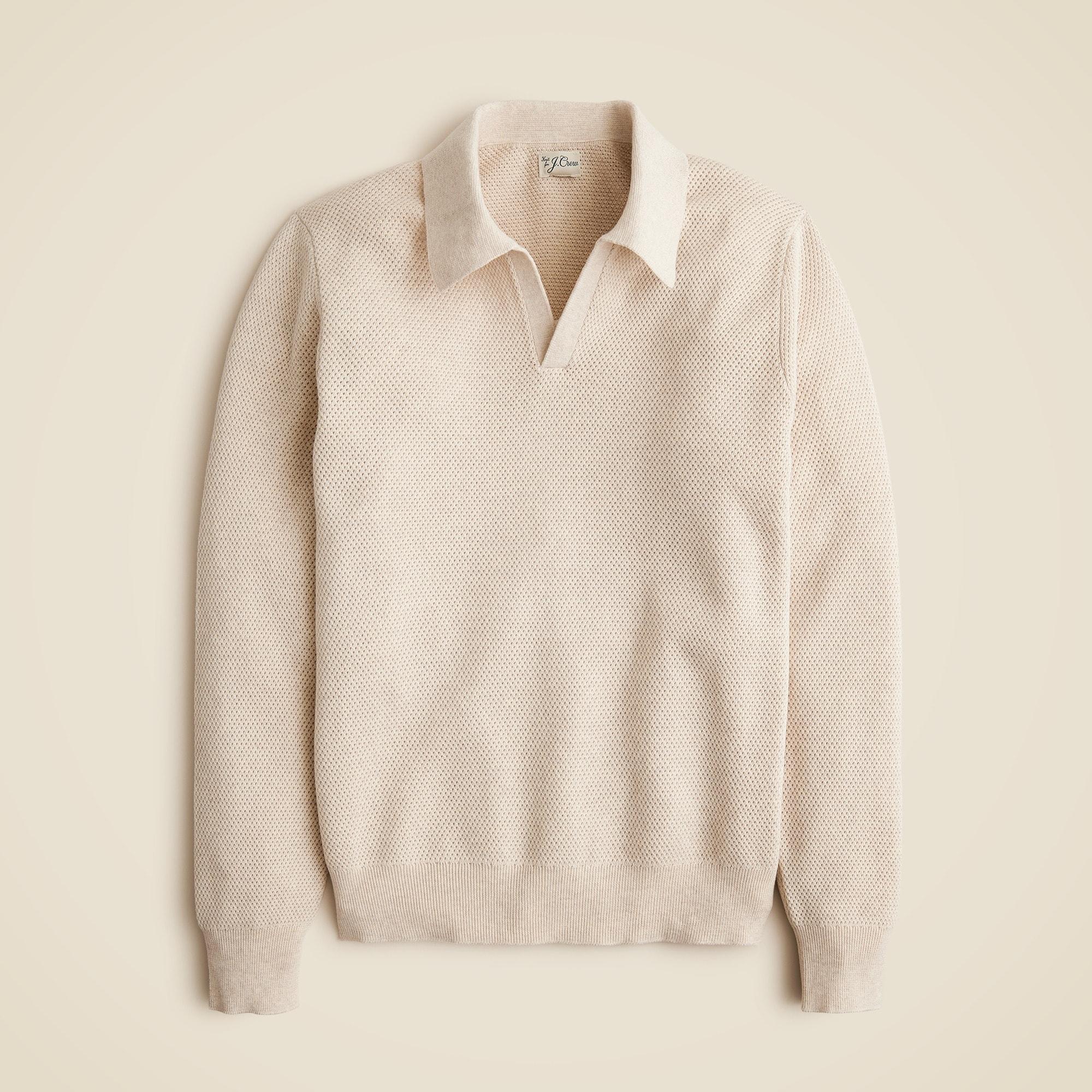 Long-sleeve cotton mesh-stitch johnny-collar sweater-polo Product Image