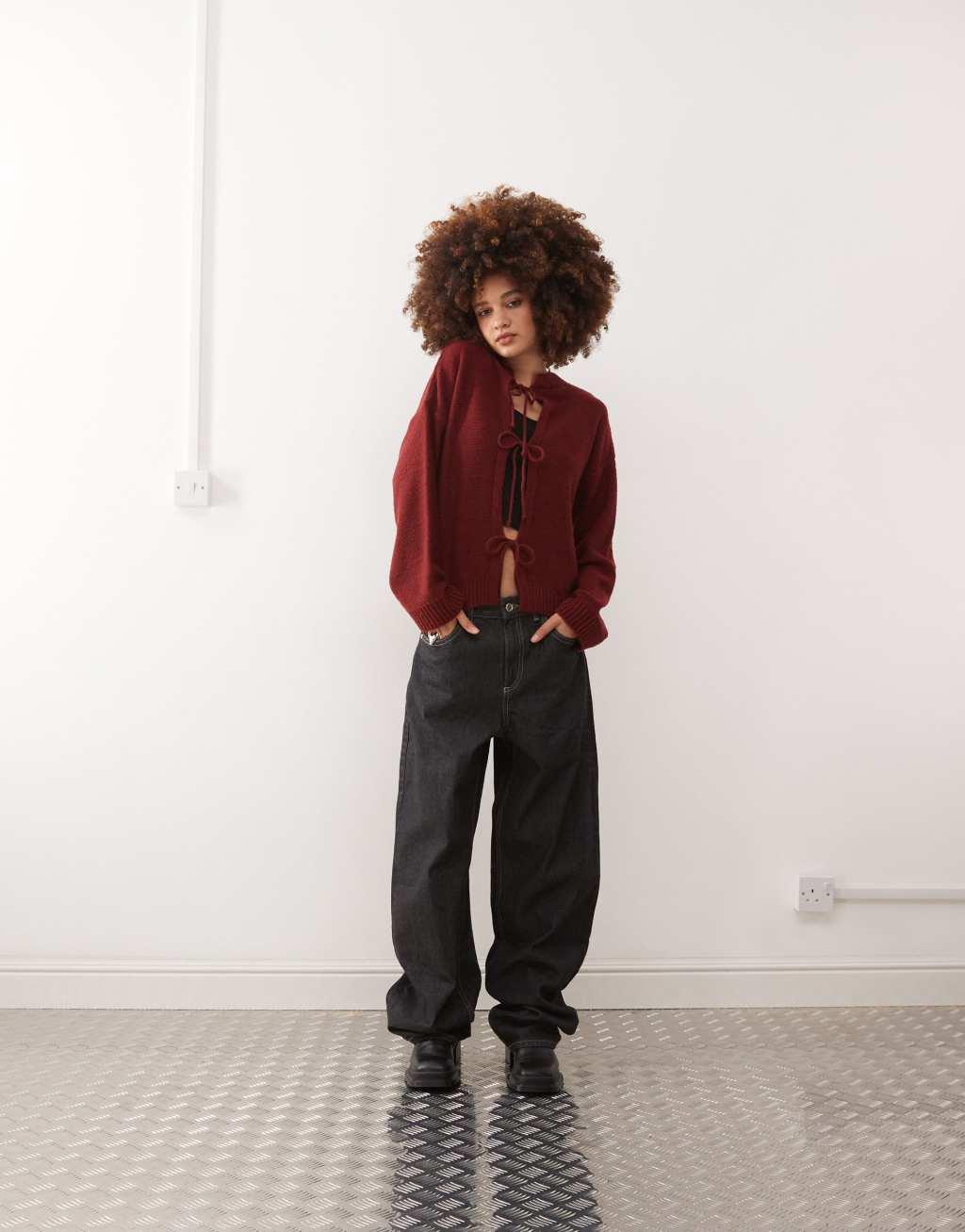 Reclaimed Vintage tie front cardigan in burgundy Product Image