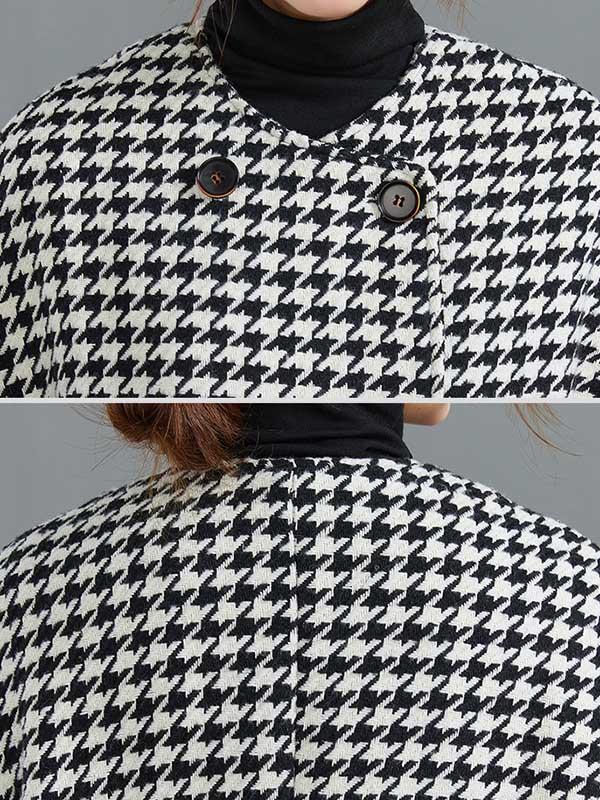 Loose Houndstooth Buttoned Round-Neck Long Sleeves Woolen Coat Product Image