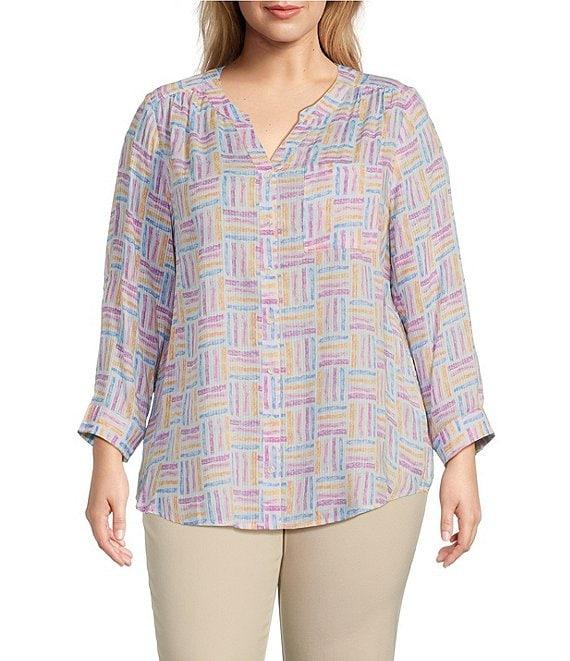 Intro Plus Size Woven Orchid Bouquet Split V-Neck 3/4 Roll-Tab Sleeve Button-Front Shirt Product Image