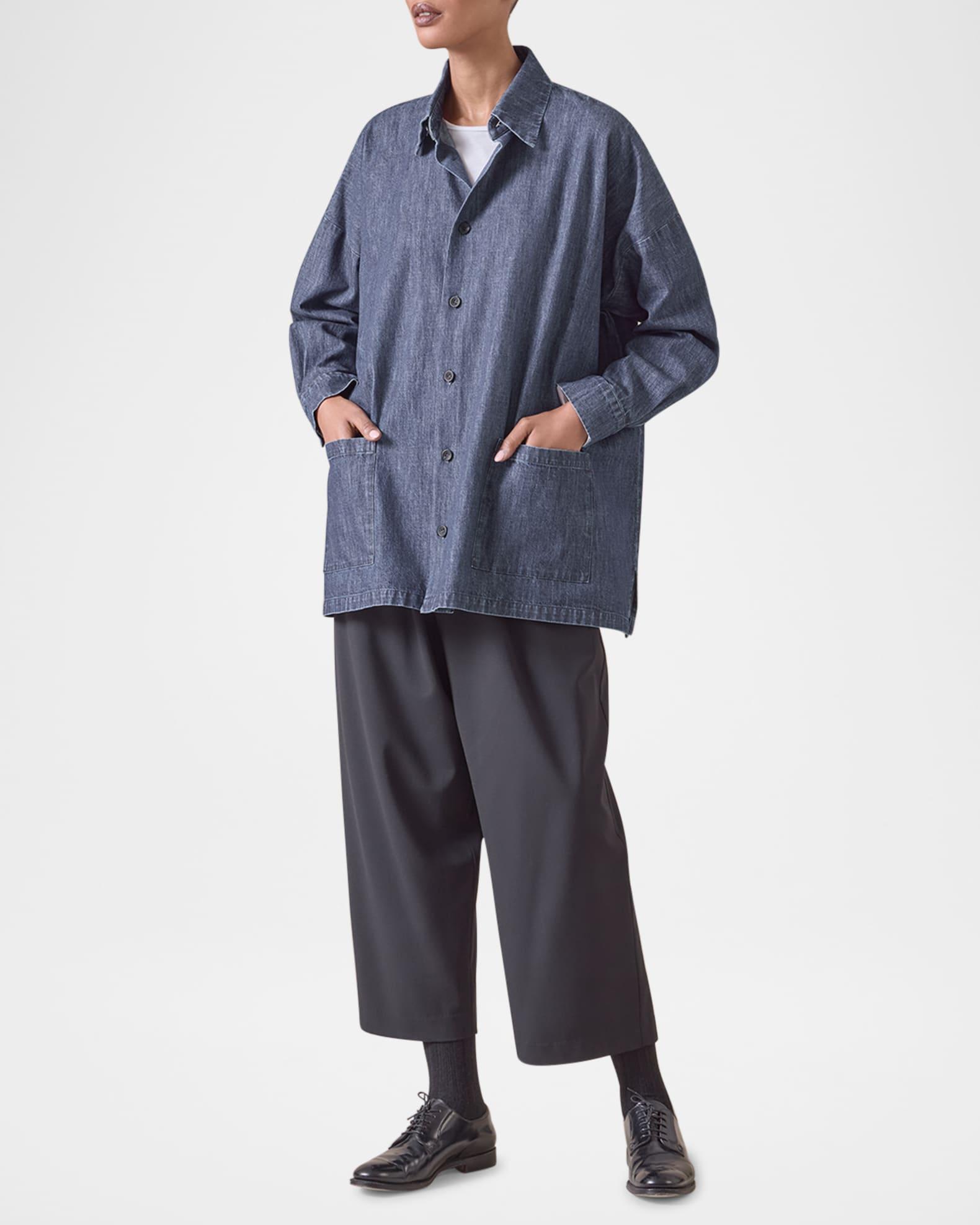 Denim Wide A-Line Shirt Jacket With Collar (Long Length) Product Image