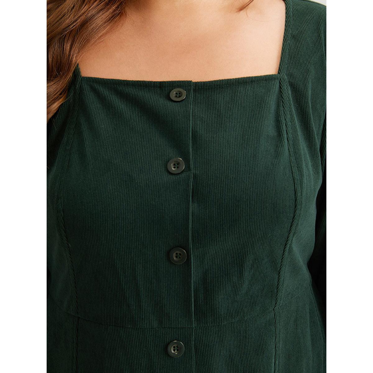 Plus Size Corduroy Plain Pocket Button Detail Dress DarkGreen Women Elegant Gathered Square Neck Long Sleeve Curvy Midi Dress BloomChic 12/L Product Image